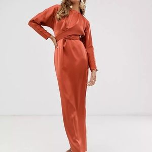 ASOS DESIGN satin maxi dress with batwing sleeve and wrap waist in rust orange